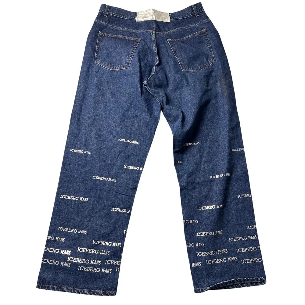 VTG‎ Iceberg Jeans Mens 36x32 Dark Wash Logo Print Wide Leg Denim Made in Italy